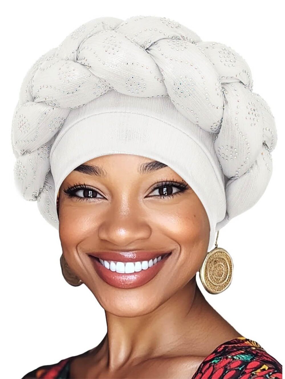 2808 African Turban Head Wrap Silver Braid Beanie Cap Headwear Crystals